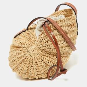 Pre Owned Loewe Beige/Brown Raffia and Leather Moon Shell Crossbody Bag
