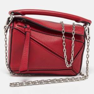 Loewe Red Leather Nano Puzzle Shoulder Bag