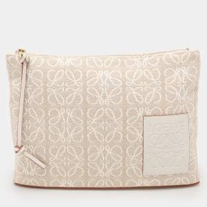Loewe x Paula's Ibiza Beige/White Canvas and Leather Anagram Pouch Clutch