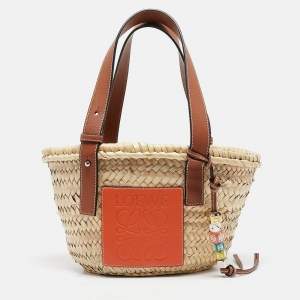 Loewe Brown/Cream Woven Raffia and Leather Basket Bag