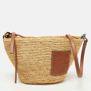 Loewe Beige/Tan Woven Raffia and Leather Slit Pochette Bag