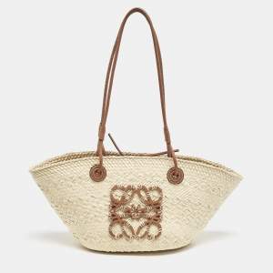 Loewe Cream/Brown Raffia and Leather Small Anagram Basket Bag