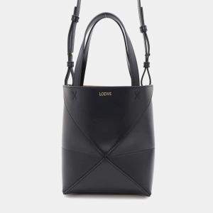  Loewe Black Shiny Calf Leather Mini Puzzlefold Tote Bag