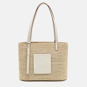 Pre Owned Loewe Beige/White Leather and Raffia Small Square Basket Tote