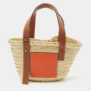 Pre Owned Loewe Brown/Natural Palm Leaf and Leather Small Basket Tote