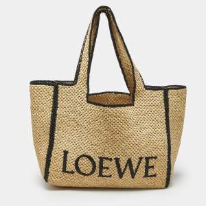 Loewe Beige/Black Woven Raffia Large Font Tote