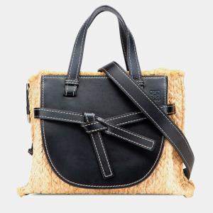 Pre Owned Loewe Beige Black Small Raffia and Leather Gate Top Handle Bag