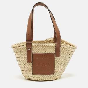 Pre Owned Loewe Brown/Cream Raffia and Leather Small Basket Tote