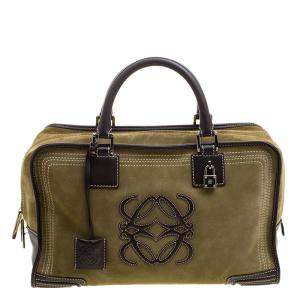 Pre Owned Loewe Khaki/Brown Suede Amazona 36 Tote