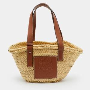 Pre Owned Loewe Beige/Brown Raffia and Leather Bolso Small Basket Bag