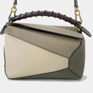 Pre Owned Loewe Puzzle Edge Green/Beige/Brown Leather Size Small
