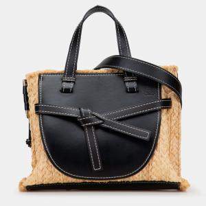 Pre Owned Loewe Beige/Black Small Raffia and Leather Gate Top Handle Bag