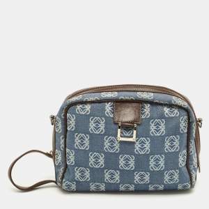 Pre Owned Loewe Blue/Brown Denim and Leather Anagram Wristlet Pouch 