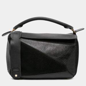 Pre Owned Loewe Black Medium Calfskin and Suede Puzzle Satchel