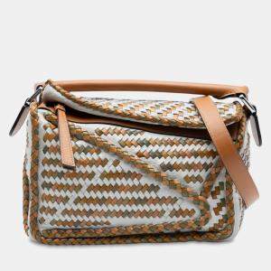 Pre Owned Loewe Multicolor Small Woven Calfskin Puzzle Satchel