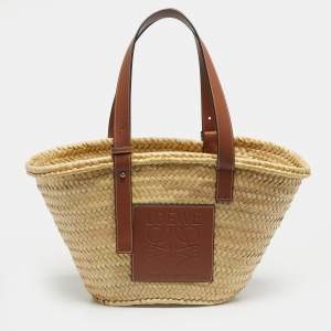 Pre Owned Loewe Tan/Natural Palm Leaf and Leather Medium Basket Tote