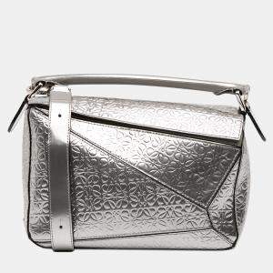 Pre Owned Loewe Silver Small Anagram Embossed Patent Puzzle Satchel