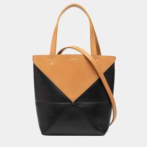 Pre Owned Loewe Black Brown Mini Bicolor Shiny Calfskin Puzzle Fold Tote