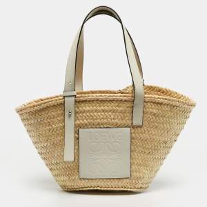 Pre Owned Loewe White/Cream Leather and Raffia Beach Basket Bag