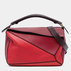 Pre Owned Loewe Red Medium Tricolor Calfskin Puzzle Satchel