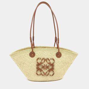 مملوكة مسبقًا Loewe Beige/Brown Leather and Raffia Anagram Basket Bag Small
