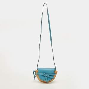 Pre Owned Loewe Gate Mini Blue/Beige Leather and Woven Raffia Shoulder Bag
