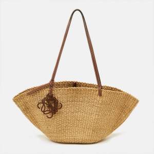 مملوكة مسبقًا Loewe Brown/Natural Woven Raffia and Leather Shell Basket Tote