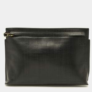 Pre Owned Loewe T Black Textured Leather Pouch