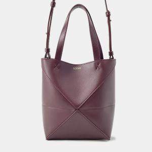 Pre Owned Loewe Puzzle Fold Tote Bordeaux Shiny Calf Leather Size Mini
