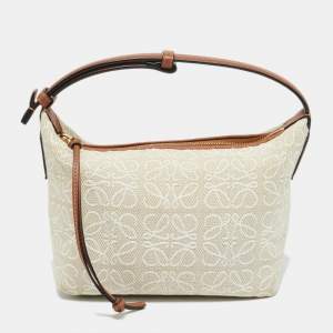 Pre Owned Loewe Cubi Small Brown/Natural Anagram Jacquard Canvas Shoulder Bag