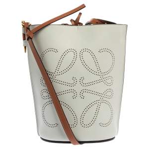 Pre Owned Loewe White/Brown Leather Gate Anagram Bucket Bag