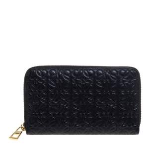 Pre Owned Loewe Black Monogram Embossed Leather Zip Around Wallet