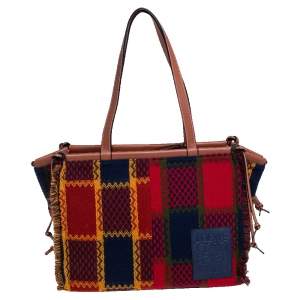 Pre Owned Loewe Multicolor Tartan Wool and Leather Tote