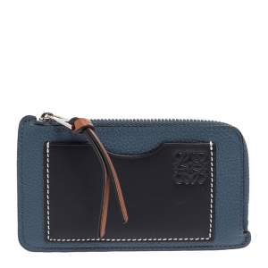 Pre Owned Loewe Blue/Black Leather Zip Card Holder 