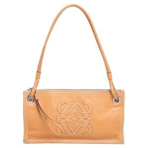 Pre Owned Loewe Tan Leather Logo & Anagram Patch Shoulder Bag