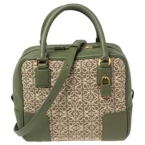 Pre Owned Loewe Green Leather and Jacquard Canvas Amazona 19 Bag