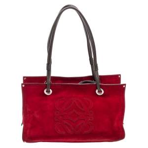 Pre Owned Loewe Brown/Dark Red Suede And Leather Satchel