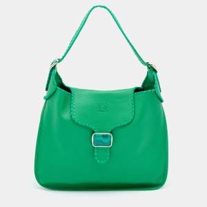 Pre Owned Loewe Green Leather and LIzard Detail Shoulder Bag