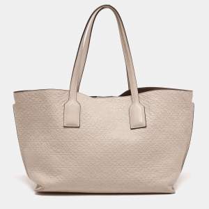 Pre Owned Loewe Beige Logo Embossed Leather T Shopper Tote