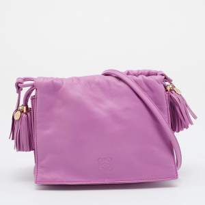 Pre Owned Loewe Purple Leather Flap Tassel Crossbody Bag