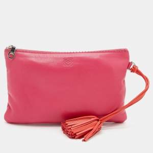 Loewe Pink Leather Logo Embossed Tassel Zip Pouch