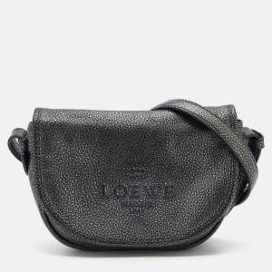 Pre Owned Loewe Metallic Silver/Black Leather Logo Embossed Heritage Crossbody Bag