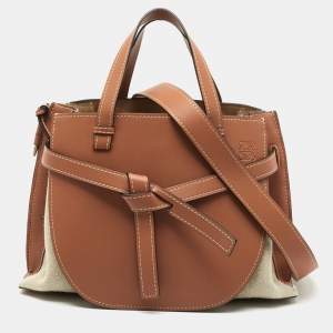 Pre Owned Loewe Tan/Beige Leather and Canvas Medium Gate Tote