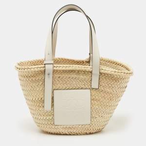  Loewe Beige/White Woven Raffia and Leather Basket Bag