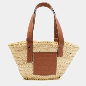 Loewe Brown/Natural Palm Leaf and Leather Small Basket Tote