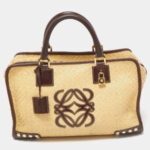 Loewe Cream/Brown Raffia and Leather Amazona 36 Satchel 