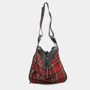 Pre Owned Loewe Black/Red Tartan Wool and Leather Medium Hammock Shoulder Bag