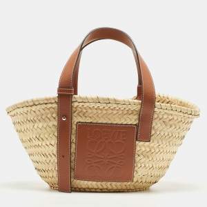 Loewe Brown/Natural Raffia and Leather Small Basket Tote
