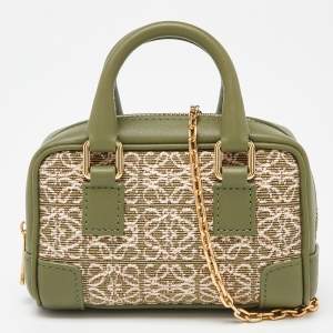 Pre Owned Loewe Green/Beige Jacquard Canvas and Leather Nano Amazona Chain Crossbody Bag