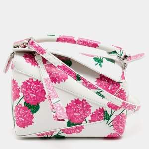 Loewe Pink/White Rose Print Leather Mini Puzzle Shoulder Bag